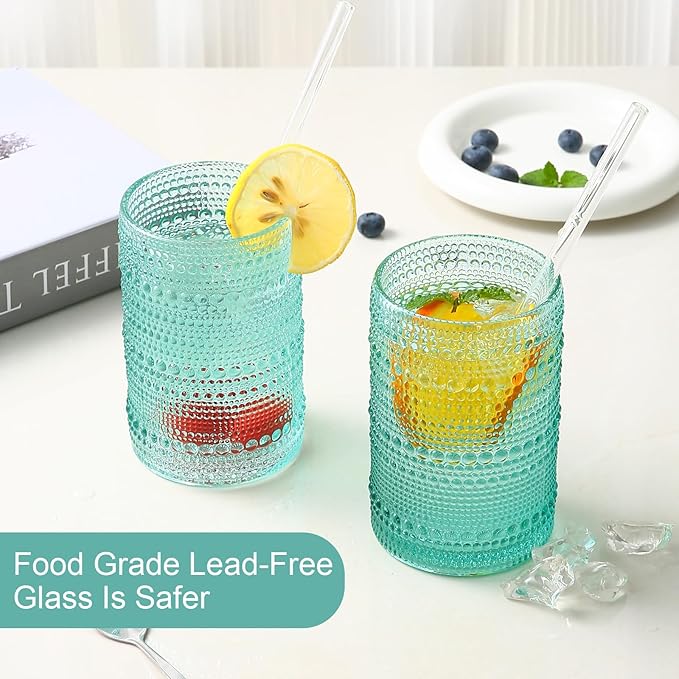 ZMOWIPDL Vintage Glassware Drinking Glasses Set of 6,15 oz Hobnail Glass Cups,Embossed Lake Blue Water Tumbler,for Beer,Cocktail,Whiskey,Juice and Various Mixed Drinks- 1 Cleaning Brush