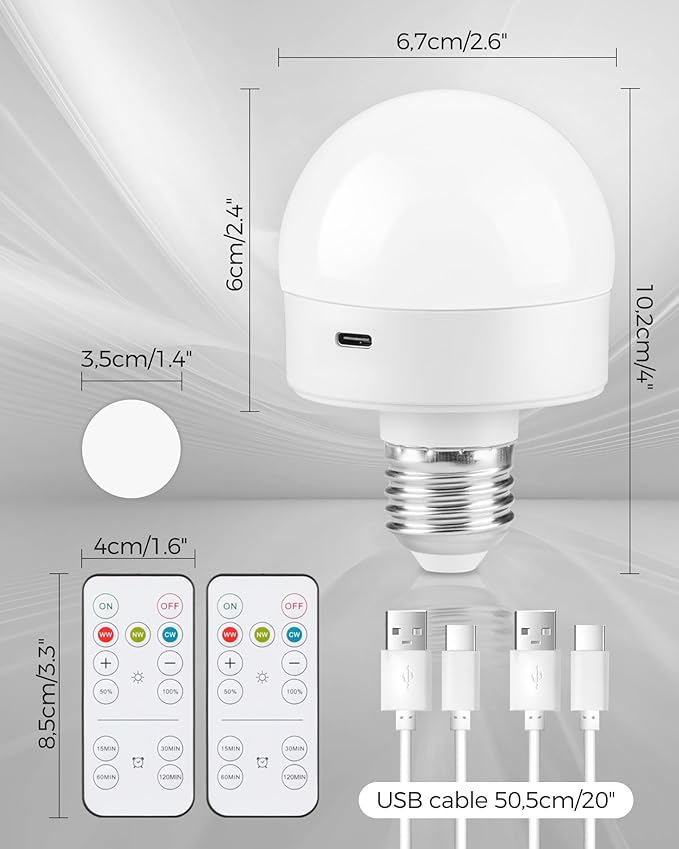 Rechargeable Light Bulbs with Remote Control 2 Packs, Battery Operated Light Bulbs with Timer & 3 Color Temperature, Detachable Wireless LED Bulb for Lamp, E26 Base, Non-Hardwired, W01YBP206