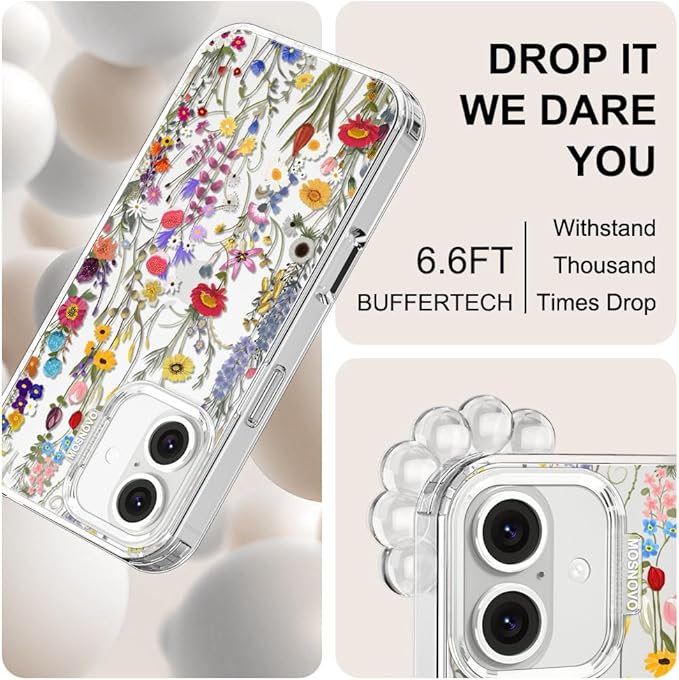 MOSNOVO Case for iPhone 16, [Buffertech 6.6ft Military-Grade Drop Protection] [Anti Peel Off Tech] Clear TPU Bumper Phone Case Cover Design - Wildflower Meadow