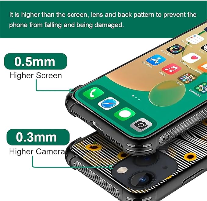 for iPhone 14 Case, Cute Little Elephant Sunflower White Line Art Pattern Graphic Design Girl Boy Soft Silicone Hard Acrylic Shock Protection for iPhone 14