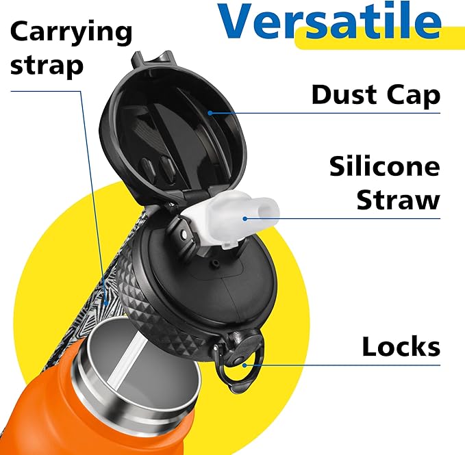 Han's Bottle Sports Water Bottle - 32 Oz, Straw Lid, Leak Proof, Vacuum Insulated Stainless Steel, Double Walled, Thermo Mug,Fire