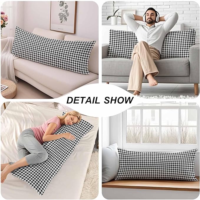 20"X54" Body Pillow Case Houndstooth, Black White Houndstooth Plaid Side Sleeper Body Pillow Covers Long Pillow Case Protector Accent Throw Pillow Cushion Cover for Couch Bed Sofa Car