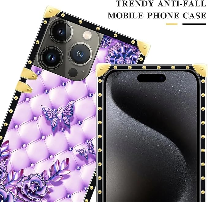 Compatible with iPhone 16 Pro Max Case, Purple Butterfly Flowers Leaf Luxury Golden Decoration for Girl Women Soft TPU Shockproof Protective Hard PC Back
