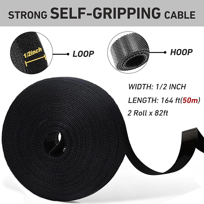 164ft x 1/2 inch Reusable Fastening Cable Ties, Hitotsu Hook and Loop Roll, Self-Gripping Bundling Strips for Cord Manage,Home, Office, Electrical Cords, Data Center, Host Room, Black, 2 Roll