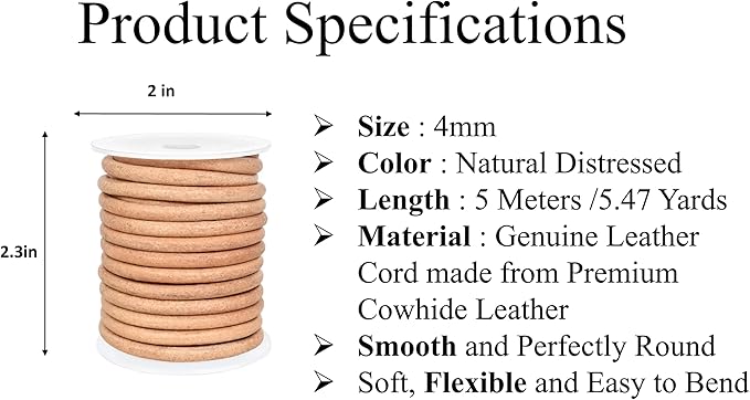 GENIQUE Real/Genuine Round Leather String Cord for Necklace, Bracelets, Jewellery, Braiding (Natural Distressed, 4mm)