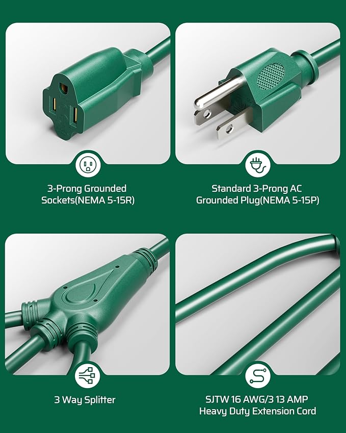 DEWENWILS Extension Cord Splitter 1 to 3, 16/3 Heavy Duty SJTW Wire, 3 Prong Splitter 3 Way, 18 Inches Indoor Cord Splitter for Halloween Decor Christmas Lights, ETL Listed, Green, Pack of 3
