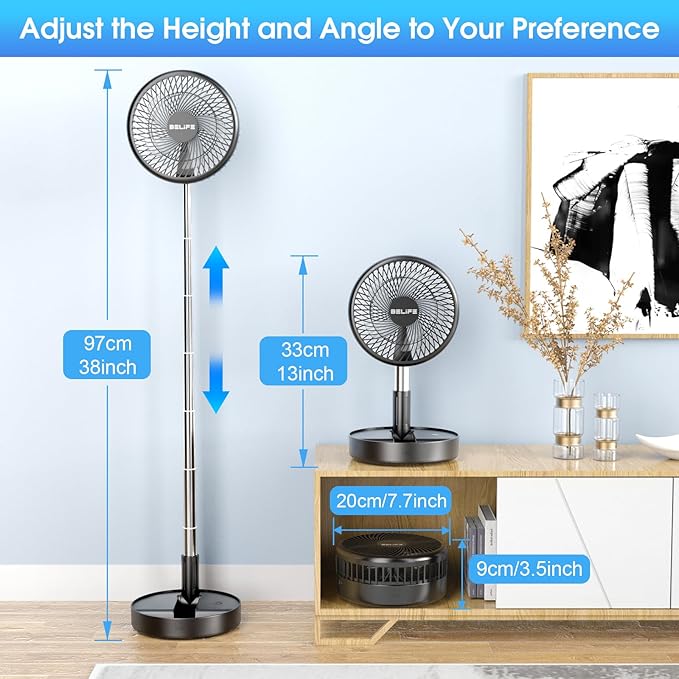 Belife X8-Lite Portable Fan, 7200mAh Battery Powered Rechargeable,USB Desk Floor Fan with Remote, Foldable Telescopic Fan for Home Bedroom Sleeping Office Camping Travel, 7.7" (Non-Oscillating, Black)