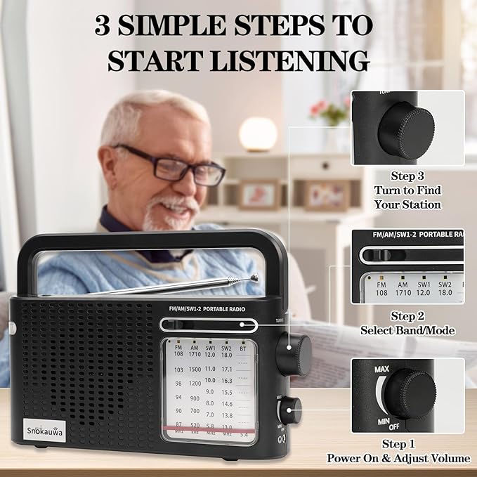 Portable Weather Radio AM FM SW, Wall Plug and Battery Powered, Transistor Radio with Bluetooth, Big Speaker, Large Dial, High/Low Tone Mode, Earphone Jack, Flashlight for Home and Outdoor