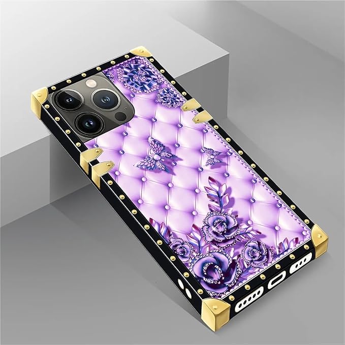 Compatible with iPhone 14 Pro Case, Purple Butterfly Flowers Leaf Luxury Golden Decoration for Girl Women Soft TPU Shockproof Protective Hard PC Back for iPhone 14 Pro