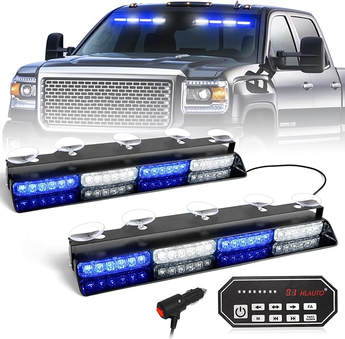 HLauto 604N Emergency Dash Strobe Lights: 2x16.8 inch Blue White Security Light w/Take Down, 48 LED Safety Flashing Warning Hazard Interior Windshield Light Bar for Trucks Vehicles