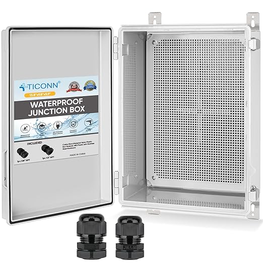 TICONN Outdoor Electrical Box Waterproof, Junction Box IP67 ABS Plastic Enclosure with Hinged Cover with Mounting Plate, Wall Brackets, Cable Glands (Off-White, 13.8"x9.8"x5.9")