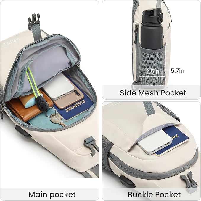 G4Free Sling Bag RFID Crossbody Sling Backpack with USB Charging Port, Travel Hiking Daypack Shoulder Chest Bag for Women Men(Ivory)
