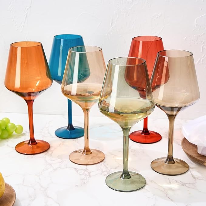 European Style Plastic Crystal, Stemmed Wine Glasses | Set of 6 | Acrylic Tritan Drinkware, Unbreakable Muted Color Shatterproof BPA-free, Reusable, Floating Pool & Indoor & Outdoor, Hand Wash 15oz
