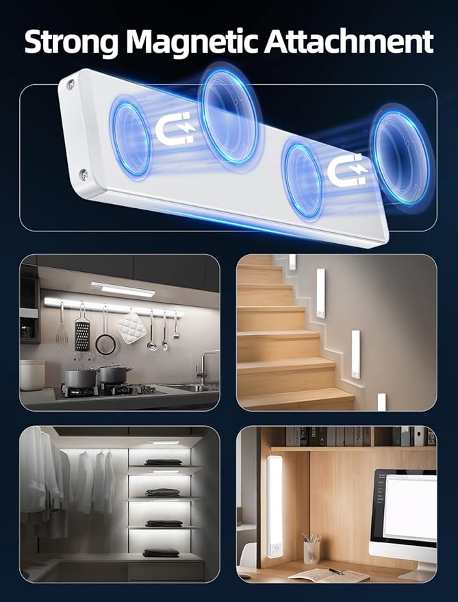 Under Cabinet Lighting: 8 Inch 3-Color Dimmable Rechargeable Motion Sensor Lights Indoor - Battery Operated Lights - Closet Light Magnetic Led Light for Kitchen Home Bathroom Counter 5 Pack