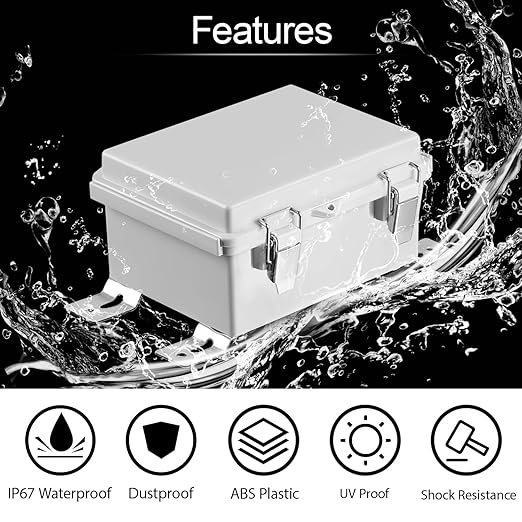 LeMotech Electrical Box, IP67 Waterproof Hinged Cover Stainless Steel Latch Junction Box, ABS Plastic Electrical Enclosure with Mounting Plate,Wall Brackets, Cable Glands,5.9"x3.9"x2.8",Grey