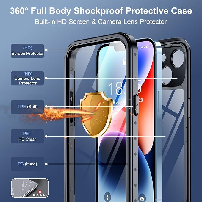 SPIDERCASE for iPhone 14 Case Waterproof, Built-in Lens & Screen Protector, Full Heavy Duty Protection, 12FT Military Shockproof, Dustproof, Anti-Scratched Phone Case,Black/Clear