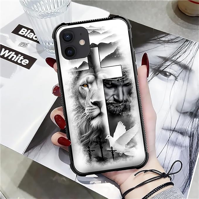 for iPhone 12 Mini Case, Lion Cross Jesus Christ Dove Pattern Made of Soft Silicone Hard Acrylic Shock Protection for iPhone 12 Mini