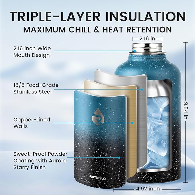 RAYMYLO 64oz Insulated Water Bottle, Triple Wall Vacuum Stainless Steel Water Bottles - Keeps Cold 48H, Reusable Half Gallon Jug for Gym, Sports, Camping, Hiking,Travel, Starry Sky-Indigo/Black