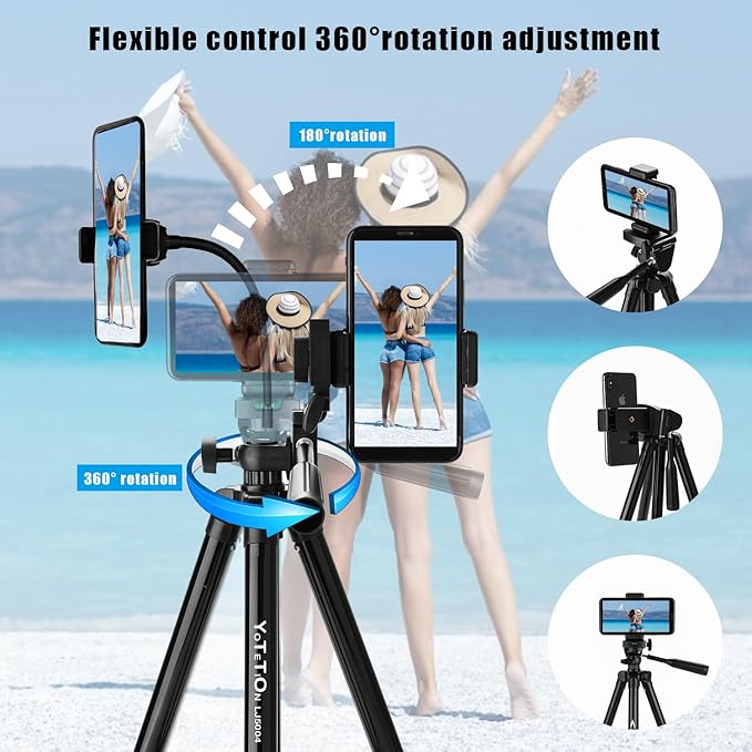 65" Aluminum Phone & Camera Tripod with Gooseneck Stand, Extendable Cell Phone Tripod Stand Compatible with iPhone/Android/Action Camera is Perfect for Live Streaming/Video Recording/Selfies