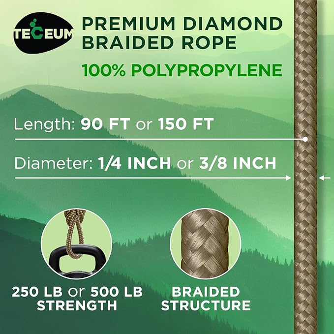 TECEUM Rope – 150 Feet x 1/4 Inch (7mm) – Coyote Brown – Strong All-Purpose Utility Rope – Camping, Crafting, Flag Pole, Indoor & Outdoor – Polypropylene Nylon Poly Lightweight Diamond Braided Cord