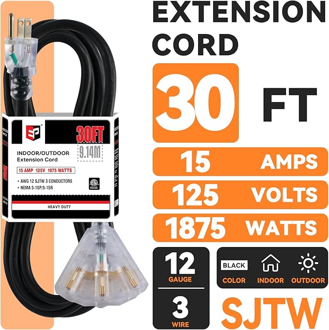 EP 30 Ft 12 Gauge Heavy Duty Extension Cord, 15A 125V 1875W, 3 Outlet Indoor/Outdoor Power Cord with Lighted End, 12/3 SJTW Weatherproof Black