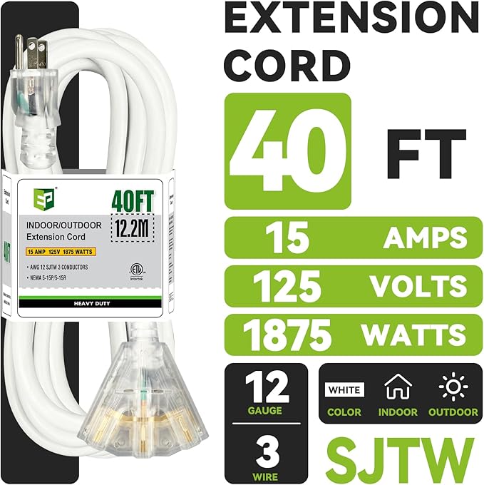 EP 40FT 12 Gauge Heavy Duty Extension Cord, 15A 125V 1875W, 3 Outlet Indoor/Outdoor Power Cord with Lighted End, 12/3 SJTW Weatherproof White, ETL Listed