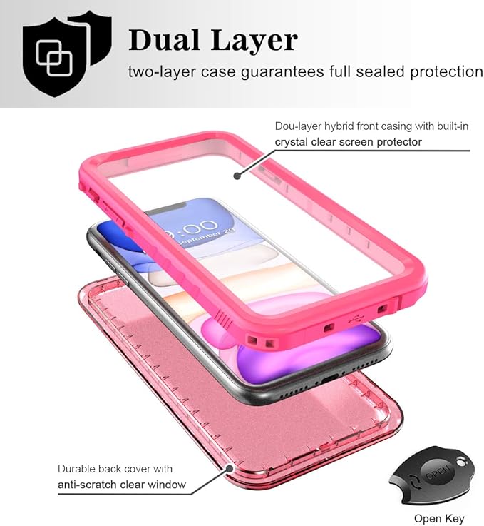 SPORTLINK Waterproof Case for iPhone 11, Full Body Heavy Duty Protection Full Sealed Cover Shockproof Dustproof Built-in Clear Screen Protector Rugged Case for iPhone 11 6.1 Inch Pink