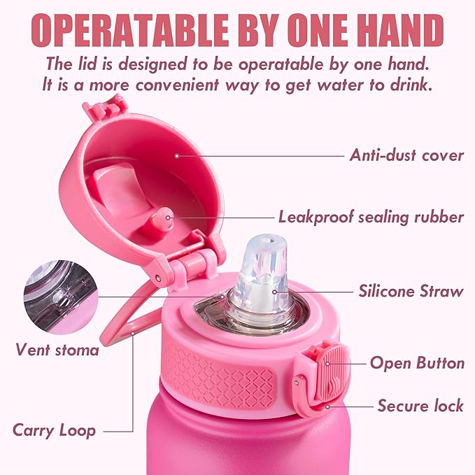 OLDLEY 20 Oz Insulated Stainless Steel Water Bottle For Kids, With Straws Leak-proof, Kids Water Bottles For School Boys Girls,Pink