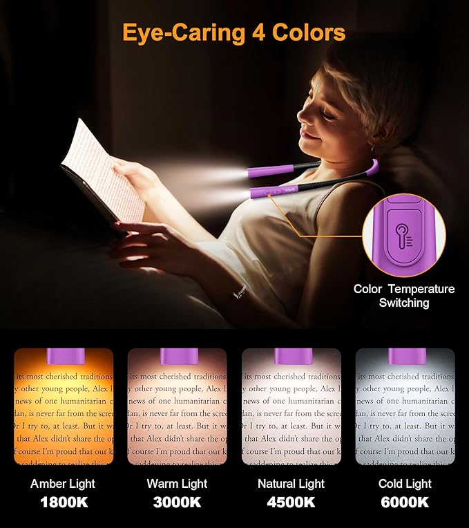Gritin Book Light, Eye Caring 4-Color & 5-Brightness Neck Light Reading Light- Stepless Dimming,30-min Timer,80+ Hrs Runtime,Bendable Round Neck Design, Lightweight for Reading-Dark Purple