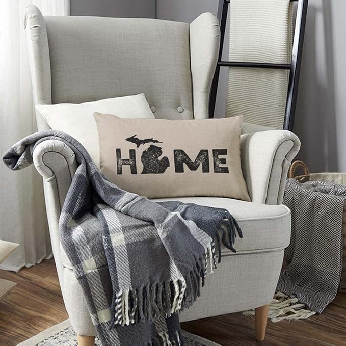 TKS MITLAN Michigan Home State Pillow Covers 12 x 20 Inch Map Home America Artistic Font Contour Border Geography Rustic Linen Throw Pillow Covers 12x20 Inch for Sofa Couch Decoration