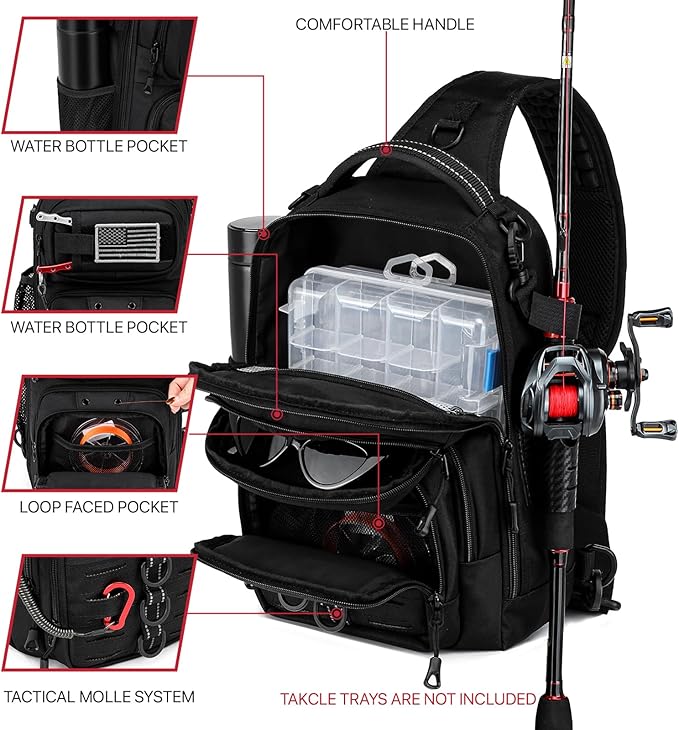 Fishing Sling Bag, Fishing Bag With Rod Holder Fixed Stickers, MOLLE System, Soft Bait & Gear Storage, Gift for Men Black