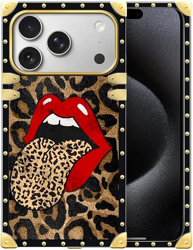 for iPhone 17 Pro Max Case Luxury Golden Decoration for Girl Women Soft TPU Shockproof Protective Hard PC Back for iPhone 17 Pro Max Crazy Pattern Brown Leopard Print Mouth