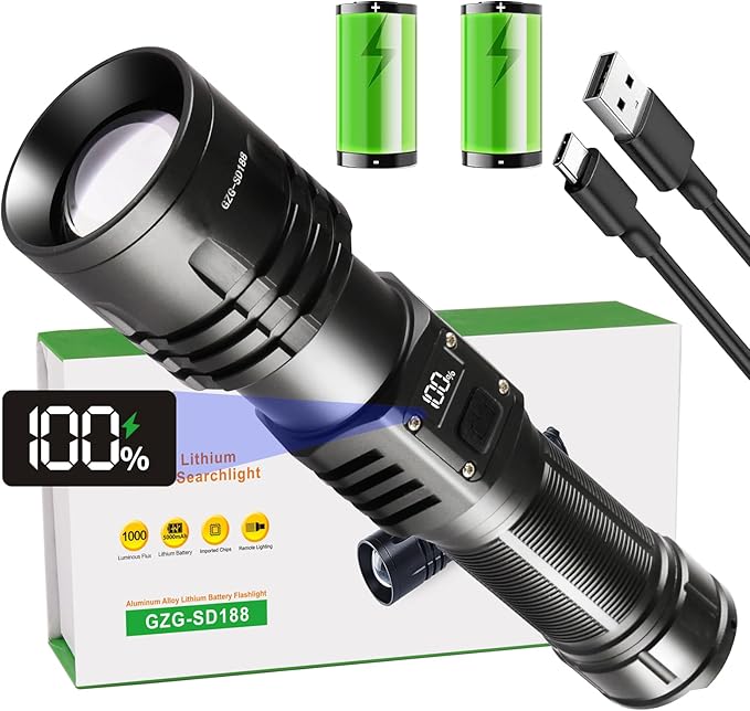 Rechargeable LED Flashlights High Lumens,10000mAh High Powered Waterproof Brightest Flashlight Zoomable Spotlight Flashlight