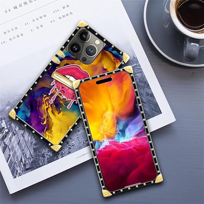 Compatible with iPhone 15 Pro Max Case, Cool Corlorful Lip Marble Luxury Golden Decoration for Girl Women Soft TPU Shockproof Protective Hard PC Back for iPhone 15 Pro Max