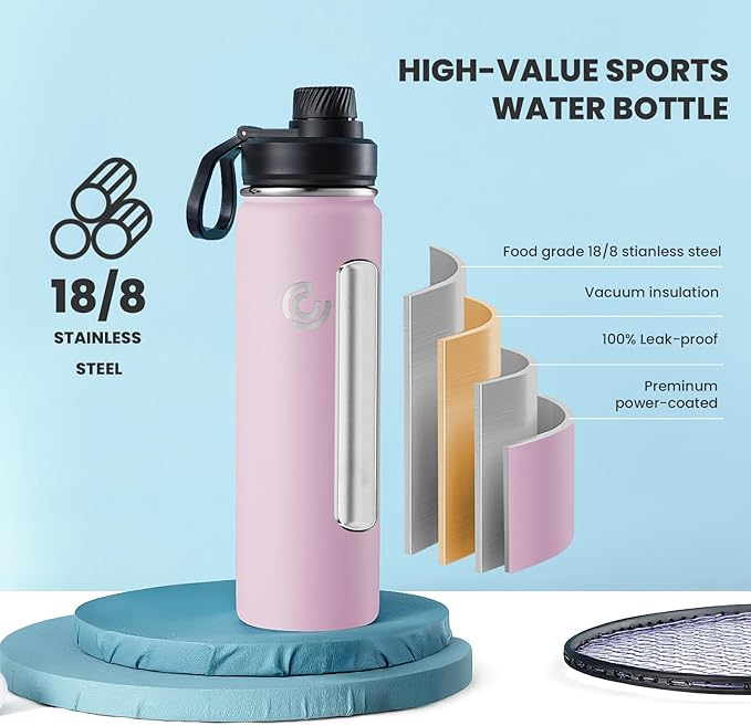 Sports Water Bottle 22oz, Insulated Water Bottle with Handle,Stainless Steel,Simple Modern,Suitable for Travel, School, Boy, Girl(Blush)