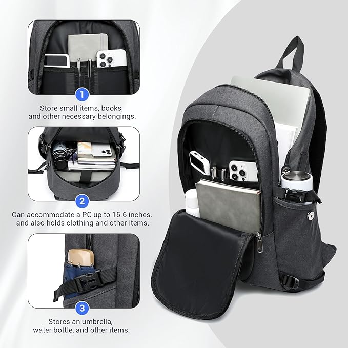 Kono Travel Laptop Backpack with USB Charging Port, Business Anti Theft Slim Sturdy Personal Item Bag, Water Resistant College Computer Daypack for Men & Women Fits 15.6 Inch Notebook, Dark Grey
