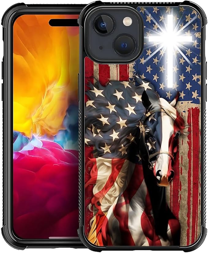for iPhone 15 Case, Red American Flag Horse Cross Pattern Graphic Design Girl Boy Soft Silicone Hard Acrylic Shock Protection for iPhone 15
