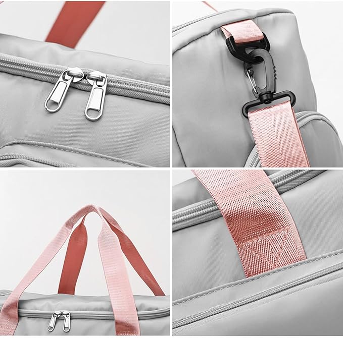 Suruid Travel Duffel Bag with Shoes Compartment Sports Gym Bag with Dry Wet Separated Pocket for Men and Women, Overnight Bag Weekender Bag Training Handbag Yoga Bag - Gray Pink