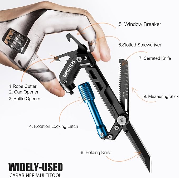 Carabiner Multitool with Pocket Knives, EDC Carabiners, Serrated Knife, Rope Cutter, Screwdriver, Can Bottle Opener, Ruler, Folding Knife for Camping Hiking, Stocking Stuffers Gifts for Men (Blue)