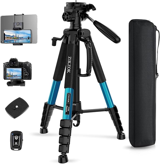 75" Heavy Duty Camera Tripod Stand with Bluetooth Remote - Max Load 15LB, Aluminum Travel Tripod for DSLR/Phone/Tablet/Projector, 3-Way Pan Head & Quick Release Plate, Compact Foldable Design (Blue)