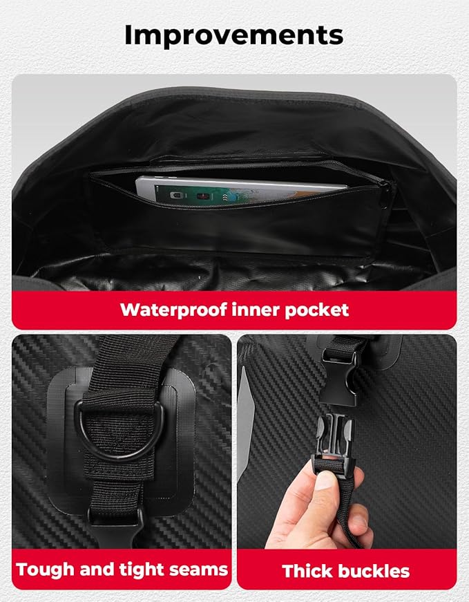 KEMIMOTO Waterproof Motorcycle Dry Bag – Duffle Tail Bag Soft Luggage, 25L/40L/65L Large Capacity with 4 Quick-Release Straps, Dustproof for Touring, Adventure, Motorcycling & Camping Black