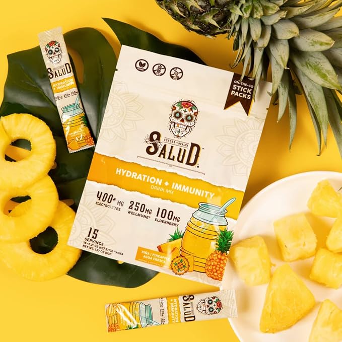 Salud 2-in-1 Hydration Packets + Immunity Electrolytes Powder, Pineapple - Agua Fresca Drink Mix, Elderberry, Dairy & Soy Free, Non-GMO, Gluten Free, Vegan, Low Calorie, 1g Sugar (15 Servings)