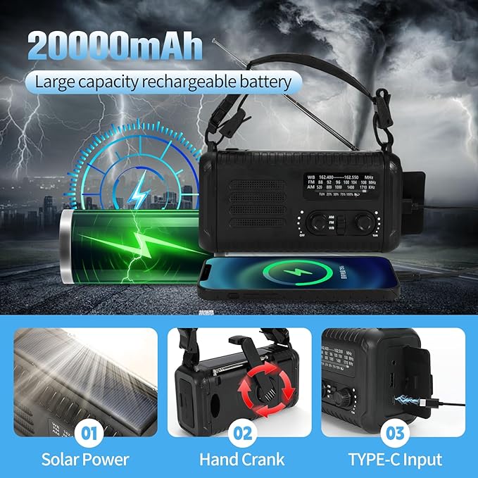 20000mAh Emergency Crank Radio, NOAA/AM/FM Portable Weather Radio, Solar Hand Crank Radio, Battery Powered with USB Phone Charger, Flashlight Reading Lamp & SOS for Survival Camping (Black)