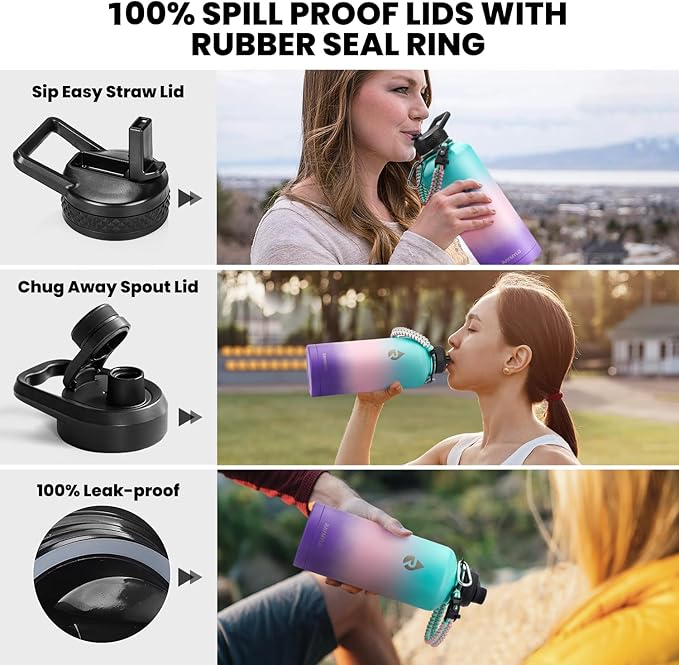 RAYMYLO Insulated Water Bottle 87 oz, Triple Wall Vacuum Stainless Steel (Cold for 48 Hrs), Leak Proof & Non-BPA, Modern Water Flask Jug with Paracord Handle & Straw Spout Lids, Hydrangea