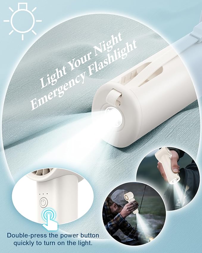 Portable Handheld Fan with Power Bank(High-Speed),3 IN 1 USB Rechargeable Mini Personal Fan with Flashlight,Small Size for Outdoor/Travel/Beach/Concerts/Summer.Gifts for Girl,Women. White