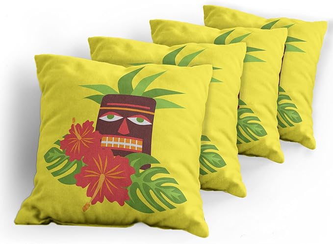 Ambesonne Luau Throw Pillow Cushion Case Pack of 4, Vibrant Composition of a Tiki Exotic Summer Hibiscus and Palm Leaves, Modern Accent Double-Sided Digital Printing, 16", Yellow Multicolor