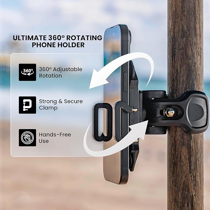 Beach Umbrella & Chair Phone Holder – Universal Clamp for Smartphones on Beach Poles, Umbrellas & Outdoor Chairs – Hands-Free Viewing & Secure Grip