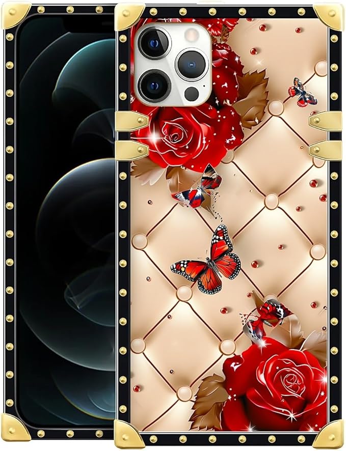 Compatible with iPhone 11 Pro Max Case, Shining Red Rose Butterfly Leather Background Luxury Golden Decoration for Girl Women Soft TPU Shockproof Protective Hard PC Back