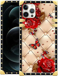 Compatible with iPhone 11 Pro Max Case, Shining Red Rose Butterfly Leather Background Luxury Golden Decoration for Girl Women Soft TPU Shockproof Protective Hard PC Back