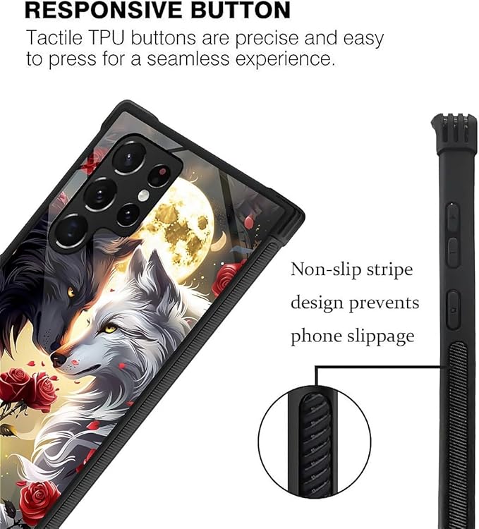 for Samsung Galaxy S22 Ultra Case, Black White Wolf Moon Flower Rose Pattern Graphic Design Girl Boy Soft Silicone Hard Acrylic Shock Protection for Samsung Galaxy S22 Ultra